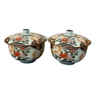 Arita Ware Floral Porcelain Tea Cup & Lid | Trinket Jars Made In Japan-Set of 2